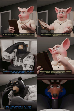 anthro antlers clothed clothing dialogue eyewear fellatio first_person_view genitals glasses group horn inside looking_at_viewer male male/male male_pov office oral overweight overweight_anthro overweight_male penile penis sex shirt text topwear trio under_table sesame_bun bear deer mammal suid suine 3d_(artwork) 3d_animation animated animated_comic comic digital_media_(artwork) english_text