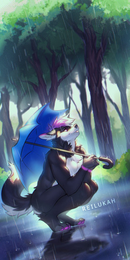 anthro blep blurred_background crouching digitigrade male nude outside plant raining solo tongue tongue_out tree umbrella reilukah canid canine mammal 2021 digital_media_(artwork) hi_res shaded