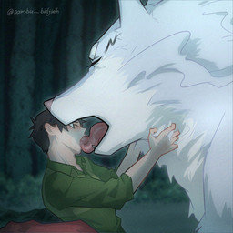 anthro anthro_on_feral bestiality bestiality_kiss blush bodily_fluids duo eyes_closed feral french_kissing fur human_on_feral interspecies kissing larger_feral larger_male male male/male male_feral male_human saliva size_difference smaller_human smaller_male tongue tongue_out jambu_bidjieh campfire_cooking_in_another_world_with_my_absurd_skill fel_(campfire_cooking) mukoda_tsuyoshi canid canine canis human mammal wolf 1:1 hi_res