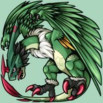 angry anthro armor feathers featureless_crotch feet green_body green_feathers headgear helmet horn male mask neck_tuft purple_eyes sharp_teeth solo talons teeth toes tuft winged_arms wings stray_wurr bandai_namco digimon avian bird digimon_(species) galemon 1:1