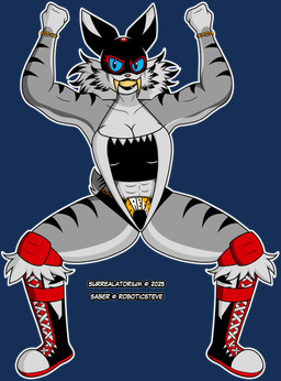 abs anthro black_hair_tip black_lips black_stripes blue_eyes boots breasts cleavage clothed clothing copyright_symbol fangs female footwear fur grey_body grey_fur grey_hair hair knee_boots knee_highs knee_pads legwear lips lucha_libre_mask mask midriff muscular muscular_anthro muscular_female raised_arms sabertooth_(anatomy) shoes simple_background solo sports_mask sportswear spread_legs spreading stripes symbol teeth text transparent_background wide_stance wrestling_mask year yellow_teeth surrealatorium saber_(roboticsteve) felid mammal prehistoric_species saber-toothed_tiger 2025 absurd_res alpha_channel artist_name hi_res