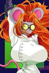 anthro big_breasts breasts clothing coat eyewear female goggles goggles_on_face grin hair huge_breasts lab_coat long_hair mad_scientist messy_hair orange_hair raised_arms smile solo tail text topwear boker vacanti_(boker) mammal murid murine rat rodent artist_name