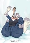 2020 absurd_res anthro areola bed blush body_blush boobacafe breasts clothing disney european_rabbit female furniture hi_res holding_both_legs holding_legs_up judy_hopps lagomorph legs_up leporid long_ears looking_offscreen mammal multicolored_body on_bed oryctolagus police police_uniform rabbit signature solo spread_legs spreading two_tone_body uniform zootopia