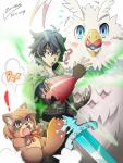 ambiguous_gender beak blush clothed clothing exclamation_point feral group looking_at_viewer male melee_weapon open_mouth pokeball question_mark simple_background standard_pokeball surprise sword tongue weapon white_background zoruken nintendo pokemon the_rising_of_the_shield_hero filo_(the_rising_of_the_shield_hero) naofumi_iwatani raphtalia avian bird human mammal procyonid raccoon 2019 hi_res signature