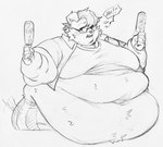 anthro arm_rolls belly belly_rolls big_belly blush bodily_fluids chubby_cheeks clothed clothing corndog dialogue double_chin embarrassed eyewear fat_rolls flying_sweatdrops food fur glasses hair holding_corndog holding_food holding_object interrobang love_handles male moobs navel obese obese_anthro obese_male open_mouth overweight overweight_anthro overweight_male polygonal_speech_bubble solo speech_bubble surprise sweat sweatdrop text tututumy canid canine canis domestic_dog mammal black_and_white english_text hi_res monochrome