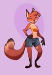 3_toes anthro bangs barefoot bottomwear breasts claws clothing eyes_closed feet female gloves_(marking) halter_top hand_on_hip leg_markings markings mole_(marking) paws plantigrade purple_background shorts simple_background smile socks_(marking) solo standing toes ruffu disney zootopia fan_character canid canine fox mammal red_fox true_fox