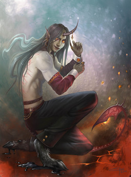 beard black_hair black_hooves claws facial_hair glowing glowing_eyes hair hooves horn long_hair male scar solo carolina_eade feytouched_studios warsong_chronicles demon humanoid satyr 2011 hi_res source_request unavailable_at_source