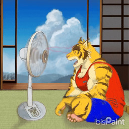 anthro blue_bottomwear blue_clothing blue_shorts bottomwear brown_stripes clothing countershade_arms countershade_face countershade_torso countershading electric_fan eyes_closed fur male muscular muscular_anthro muscular_male open_mouth pink_nose red_clothing red_shirt red_tank_top red_topwear shirt shorts sitting solo striped_body striped_fur stripes tan_body tan_countershading tan_fur tank_top topwear yellow_body yellow_fur sukashikashi ibispaint_(copyright) morenatsu torahiko_ooshima felid mammal pantherine tiger 1:1 2026 animated low_res