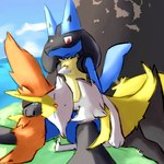 ambiguous_gender anthro arm_on_leg biped black_body black_fur blue_body blue_fur blue_tail day duo embarrassed eyes_closed fur orange_body orange_fur red_eyes sleeping stick tail yellow_body yellow_fur yellow_tail kusunesan nintendo pokemon braixen generation_4_pokemon generation_6_pokemon lucario pokemon_(species) 1:1 absurd_res hi_res