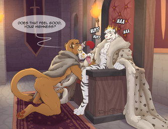 anthro butt chair clothed clothing crown dialogue duo ear_piercing erection eye_contact feet fingers fur furniture genitals glans hair handjob headgear humanoid_genitalia humanoid_penis king kneeling looking_at_another male male/male masturbation medieval mostly_nude open_clothing open_mouth open_robe pawpads penile penile_masturbation penis piercing robe robe_only royalty sex sitting smile speech_bubble tail teeth text throne throne_room toes darkthorns cougar felid feline mammal pantherine tiger digital_media_(artwork) english_text