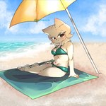 anthro beach blush breasts cleavage clothed clothing eyelashes female footwear fur green_clothing green_swimwear looking_at_viewer navel parasol red_eyes sandals sea shoes sitting sky small_breasts solo swimwear tan_body tan_fur thick_thighs water wide_hips pichanliu nine_sols red_candle_games heng_(nine_sols) felid feline mammal solarian 1:1 hi_res