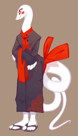 anthro black_clothing brown_background clothed clothing female mouth_closed pupils red_clothing red_eyes simple_background solo standing tail unsigned white_body white_pupils white_tail corzh77 reptile scalie snake absurd_res full-length_portrait hi_res portrait