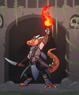 anthro armor bone breastplate claws clothed clothing dagger detailed_background fire holding_object holding_torch holding_weapon horn male melee_weapon plant red_body red_scales rope scabbard scales scarf sheathed_weapon skull smile solo standing toe_claws torch vambrace weapon kingadee dungeons_and_dragons hasbro wizards_of_the_coast kezet kobold reptile scalie 2019 hi_res