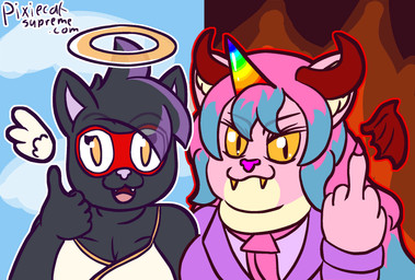 anthro clothing eyewear fake_horns female female_anthro fur gesture glasses hair halo hand_gesture horn membrane_(anatomy) membranous_wings middle_finger pink_body pink_fur pink_hair pink_nose slightly_chubby slightly_chubby_anthro smile smiling_at_viewer suit thumbs_up toga wings pixiecatsupreme mythology cloe_(pixiecatsupreme) lilly_pawpad angel demon equid equine mammal mythological_creature mythological_equine unicorn hi_res nonbinary_(lore)