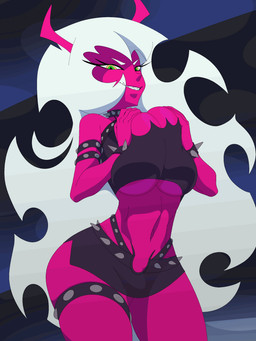 armband bdsm_outfit big_breasts bottomwear bouncing_breasts bracelet breast_squish breasts clothing collar curvy_figure female green_eyes green_hair hair horn jewelry legband looking_at_viewer miniskirt navel sharp_teeth skirt smile solo spiked_bracelet spiked_collar spikes squish teeth wide_hips twistedgrim panty_and_stocking_with_garterbelt scanty_daemon demon demon_humanoid humanoid 2025 2d_animation 3:4 animated frame_by_frame short_playtime