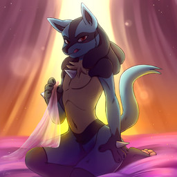 ambiguous_gender anthro bed bedroom detailed_background featureless_crotch furniture looking_at_viewer nude null seductive smile solo tongue ponsex nintendo pokemon canid canine generation_4_pokemon lucario mammal pokemon_(species) 1:1 2019 hi_res