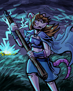 auburn_hair cape clothing cloud detailed_background electricity female fur hair holding_object holding_weapon lightning melee_weapon open_mouth outside polearm sky solo staff standing storm teeth weapon wind mrease mammal mouse murid murine rodent digital_media_(artwork)