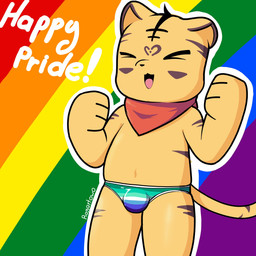 anthro clothing happy kerchief lgbt_pride male pride_colors rainbow_flag rainbow_pride_flag rainbow_symbol solo text underwear vincian_pride_colors yellow_body young young_male rayartowo felid mammal pantherine tiger 1:1 hi_res