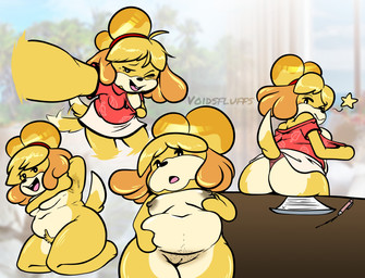 anthro areola bedroom_eyes belly biped bottomwear breast_grab breasts buckteeth clothed clothing female female_anthro fur furniture genitals hair half-closed_eyes hand_on_breast looking_at_viewer looking_back narrowed_eyes navel nipples nude obese obese_anthro obese_female one_breast_out one_eye_closed open_mouth overweight overweight_anthro overweight_female panties paper pen presenting presenting_breasts pubes seductive selfie shaved_vulva shirt simple_background sitting skirt smile solo table tail teeth topwear underwear vulva wink winking_at_viewer yellow_body yellow_fur voidsdroids animal_crossing nintendo isabelle_(animal_crossing) canid canine canis domestic_dog lagomorph leporid mammal shih_tzu toy_dog 2026 digital_media_(artwork) hi_res