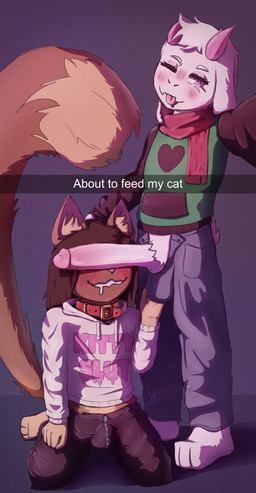 anthro ball_fondling balls big_tail blush blush_lines bodily_fluids bottomwear brown_body brown_fur brown_hair caption clothed clothing collar drooling duo floppy_ears fluffy fluffy_tail fondling fur genitals hair holding_balls hoodie horn humanoid_genitalia humanoid_penis kneeling long_hair male male/male no_underwear open_bottomwear open_clothing open_pants pants penis penis_covering_eyes penis_on_face pink_eyes saliva scarf standing tail taking_picture taking_selfie text text_on_clothing text_on_hoodie text_on_topwear tongue tongue_out topwear white_body white_fur insate deltarune undertale_(series) lucky_(justlucky) ralsei bovid caprine darkner domestic_cat felid feline felis goat mammal absurd_res english_text hi_res
