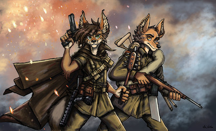 anthro brown_body brown_fur brown_hair cape clothing duo embers female fur gun hair holding_gun holding_melee_weapon holding_object holding_ranged_weapon holding_rifle holding_weapon male melee_weapon ranged_weapon rifle simple_background smile tail weapon world_war_1 thelivingshadow battlefield_(series) electronic_arts hamilton_loree nicole_(nicnak044) canada_lynx canid canine canis coyote felid feline lynx mammal 2018 digital_media_(artwork)