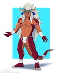 2_horns anthro asian_clothing biped bulge claws clothing detailed_bulge east_asian_clothing fundoshi hair horn japanese_clothing male male_anthro nipples pecs plantigrade scar solo spikes spikes_(anatomy) tail text underwear white_hair haylothebun bushiroad future_card_buddyfight mythology drum's_father dragon mythological_creature mythological_scalie scalie hi_res url