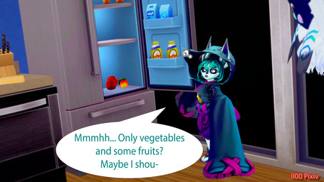 anthro clothed clothing dialogue duo female inviting_to_dinner knife_block open_fridge speech_bubble il00 league_of_legends riot_games tencent kindred_(lol) lamb_(lol) vex_(lol) 16:9 3d_(artwork) digital_media_(artwork) hi_res widescreen