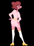 anthro belt butt clothed clothing female footwear hair hands_on_hips high_heels legwear looking_at_viewer pink_body pink_skin ponytail pose rear_view red_hair shoes simple_background smile smug solo standing stockings uglycoal mondealy riley_(mondealy) lizard reptile scalie digital_media_(artwork) hi_res pixel_(artwork)