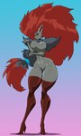 anthro big_breasts boots boots_only breasts butt butt_from_the_front clothing featureless_crotch female fingers footwear footwear_only fur hair high_heeled_boots high_heels legwear looking_at_viewer mostly_nude nipples red_hair shoes solo standing thick_thighs thigh_boots thigh_highs wide_hips theoverloader nintendo pokemon canid canine generation_5_pokemon mammal pokemon_(species) zoroark 3:5