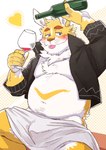 anthro belly big_belly blue_eyes bulge fur heart_symbol humanoid_hands kemono male moobs overweight overweight_male solo towel white_body white_fur yellow_body yellow_fur ryuta-h chardonnay_romancia jey_caroot lagomorph leporid mammal rabbit 2022 hi_res