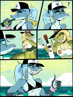 anthro beach big_breasts blonde_hair bottomwear breasts clothing daisy_dukes denim denim_bottomwear denim_clothing denim_shorts drinking duo eyebrow_piercing facial_piercing female flat_chested freckled_face freckled_shoulders freckles gesture gills glass_bottle green_body green_scales grin hair hand_gesture hat headgear headwear hotpants non-mammal_breasts nose_piercing nose_ring park_ranger piercing ponytail ring_piercing scales scar sharp_teeth shorts small_breasts smile tail teeth thick_tail thick_thighs thumbs_up ventral_scales white_hair wide_hips wristband 49ersrule07 jawlene_(herny) crocodilian fish marine reptile scalie shark 3:4 absurd_res comic hi_res