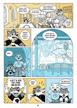 anthro chair clothing dialogue door eyes_closed female furniture inside leaf male outside palm_tree plant sea table teeth_showing text tree water wind window young saran_kit coal_(saran_kit) nest_(saran_kit) oak_(saran_kit) canid canine canis mammal wolf comic english_text hi_res
