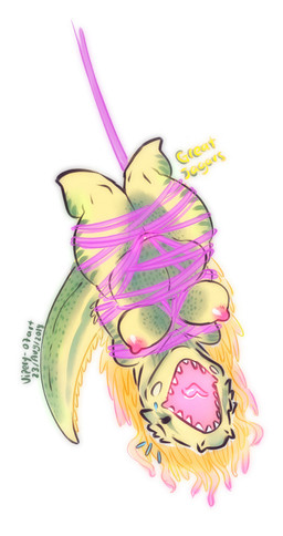 anthro anthrofied areola beady_eyes belly bodily_fluids breasts captured chibi fangs female flying_sweatdrops green_body green_scales multicolored_body multicolored_scales nipples non-mammal_breasts open_mouth overweight overweight_anthro overweight_female restrained scales shortstack simple_background slightly_chubby slightly_chubby_female solo spikes suspension sweat sweatdrop tail teeth thick_tail thick_thighs upside_down white_background wide_hips yellow_body yellow_scales vipery-07 capcom monster_hunter dinosaur fanged_wyvern great_jagras prehistoric_species reptile scalie hi_res