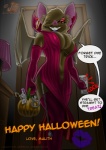 anthro clothing cosplay door dress female first_person_view food fruit holidays jack-o'-lantern looking_at_viewer plant pumpkin solo text janner3d halloween malith_volskov bat mammal english_text