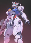 armor blue_eyes grey_background gun holding_gun holding_object holding_ranged_weapon holding_weapon low-angle_view machine mecha metallic_body multicolored_armor ranged_weapon rifle simple_background solo thick_thighs weapon wide_hips ydh2101 gundam mobile_suit_gundam_the_witch_from_mercury gundam_aerial humanoid mobile_suit robot robot_humanoid hi_res