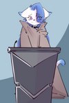 anthro blue_hair cape clothing collar desk femboy fur furniture hair male purple_eyes solo table white_body white_fur ds0ivi0 stiria felid feline humanoid mammal 2:3 absurd_res hi_res