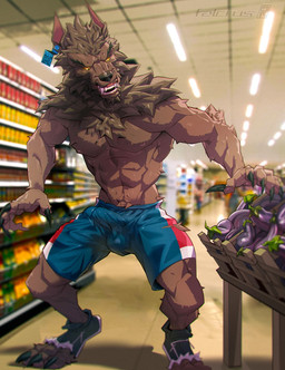 4_toes 5_fingers abs anthro areola arm_tuft athletic_wear balls_outline biceps big_muscles biped black_claws black_nose blurred_background blurred_foreground bottomwear broad_shoulders brown_body brown_fur bulge cheek_tuft chest_tuft chin_tuft claws clothed clothing container curled_fingers depth_of_field detailed_bulge digitigrade ear_piercing ear_tag ears_back eggplant elbow_tuft erection erection_in_pants erection_under_clothing facial_tuft fangs feet finger_claws fingers fluffy_fur food footwear forearm_muscles fruit fur genital_outline glowing glowing_eyes grocery_store gym_bottomwear gym_shorts head_tuft implied_transformation inside logo looking_at_food looking_at_object male mane muscular muscular_anthro muscular_male navel neck_tuft nipples open_mouth pawpads paws pecs penis_outline piercing pink_nipples pink_pawpads pivoted_ears plant pointy_ears public qr_code shaggy_fur sharp_teeth shoes shorts snout solo standing teeth text toe_claws toes topless topless_anthro topless_male torn_bottomwear torn_clothing torn_shoes torn_shorts tuft vegetable yellow_eyes falcrus mythology werewolf_of_fever_swamp canid canine mammal mythological_canine mythological_creature werecanid werecanine werecreature werewolf 2015 2024 artist_logo artist_name cel_shading hi_res shaded warm_colors