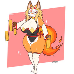 anthro big_breasts black_clothing black_leotard black_nose blonde_hair breasts brown_body brown_fur cleavage clothed clothing female fire flaming_tail fur hair huge_breasts legwear leotard magic mask ofuda orange_body orange_fur paws pink_background simple_background solo tail talisman thick_thighs white_body white_clothing white_fur white_legwear wide_hips salchikokokoko canid canine fox mammal 1:1 full-length_portrait hi_res portrait