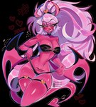 2_horns big_breasts bikini black_background black_bikini black_clothing black_swimwear breasts choker cleavage clothed clothing eyebrow_through_hair eyebrows eyelashes female hair heart_symbol horn jewelry legband lipstick long_hair looking_at_viewer makeup membrane_(anatomy) membranous_wings narrowed_eyes navel necklace not_furry pink_body pink_eyes pink_hair pink_skin red_lipstick simple_background small_waist smile solo spade_tail swimwear tail text thick_thighs thighband translucent translucent_hair twitter_handle two-piece_swimsuit wings womb_tattoo xoxo sallo helluva_boss verosika_mayday humanoid succubus 2024 artist_name hi_res