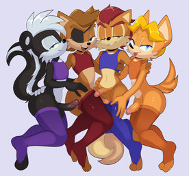 anthro anthro_on_anthro balls black_body black_fur blonde_hair blue_eyes bottomless brown_body brown_fur brown_hair butt clothed clothing erection femboy fur genitals grey_body grey_fur grey_hair group hair leg_warmers legwear looking_at_viewer male male/male multicolored_body multicolored_fur navel open_mouth open_smile penis red_hair smile smiling_at_viewer tan_body tan_fur tongue tongue_out two_tone_body two_tone_fur apinkgrape archie_comics sega sonic_the_hedgehog_(archie) sonic_the_hedgehog_(comics) sonic_the_hedgehog_(series) amadeus_prower antoine_d'coolette elias_acorn geoffrey_st._john canid canine canis coyote fox ground_squirrel mammal mephitid rodent sciurid skunk tree_squirrel 2025 hi_res