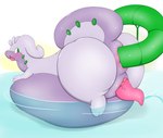 anal anal_vore animal_genitalia belly big_belly feral genital_slit genitals huge_belly hyper hyper_belly looking_back lying male on_front partially_inside peeing peeing_into_water penis slide solo tail tapering_penis vore water water_slide bboing nintendo pokemon generation_6_pokemon goodra pokemon_(species) absurd_res hi_res