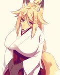 anthro asian_clothing big_breasts black_body black_fur bottomwear breasts chest_tuft clothed clothing dipstick_ears dipstick_tail ear_markings east_asian_clothing eyebrow_through_hair eyebrows female fur hair hakama half-closed_eyes haori inner_ear_fluff japanese_clothing kemono looking_at_viewer looking_up markings miko_outfit multicolored_ears multicolored_tail narrowed_eyes nipple_outline orange_body orange_fur red_bottomwear red_clothing red_hakama shrine_maiden simple_background solo tail tail_markings translucent translucent_hair tuft white_body white_clothing white_fur white_haori sgsix canid canine fox mammal 2017 half-length_portrait portrait