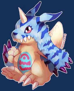 animal_skin black_nose blue_body blue_fur blue_markings chibi eyelashes fur horn markings outline pink_markings red_eyes sharp_teeth simple_background sitting solo spiked_tail spikes spikes_(anatomy) steepen tail teeth transparent_background yellow_body bandai_namco digimon digimon_(species) gabumon 2018 alpha_channel signature