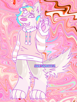 ambiguous_gender anthro bottomless bottomless_anthro claws clothed clothing countershading cute_fangs fangs glistening glistening_eyes hair hoodie multicolored_eyes multicolored_hair open_mouth paws rainbow_eyes solo teeth topwear username wavy_hair skunkbitez canid canine canis domestic_dog mammal nordic_sled_dog samoyed spitz 2026 3:4 absurd_res hi_res pastel_theme watermark