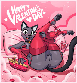 4_fingers 4_toes anthro anus areola armwear bed bell bell_collar big_eyes black_anus black_areola black_nose black_pawpads black_vulva blush breasts clothed clothing collar elbow_gloves feet female fingers furniture genitals glistening glistening_body gloves green_eyes grey_body handwear heart_box heart_pasties heart_symbol holding_both_legs holidays jingle_bell jingle_bell_collar legs_up legwear lipstick makeup nipple_outline on_bed panties panties_down partially_clothed pasties pawpads paws petals pillow pink_background presenting red_lipstick rose_petals sharp_teeth simple_background skimpy solo tail teeth text thick_thighs thigh_highs toes toony underwear underwear_down vulva ultrahyper beat_banger bunfan_games valentine's_day cathy_smith domestic_cat felid feline felis mammal 2026 absurd_res digital_media_(artwork) english_text hi_res