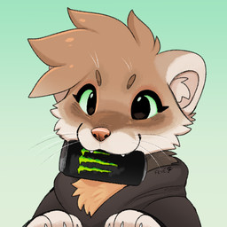:3 ambiguous_gender anthro beverage black_eyes black_text brown_body brown_fur can cat_smile cheek_tuft chest_tuft circle_eyebrows clothing container cute_fangs eyebrows facial_tuft fangs footprint fur green_background green_sclera hair holding_beverage holding_can holding_container holding_object holding_object_in_mouth hoodie inner_ear_fluff monster_energy_can monster_energy_logo object_in_mouth pawprint paws pink_nose simple_background smile solo tan_body tan_fur teeth text topwear tuft whiskers feve monster_energy feve_(oc) gulonine hybrid mammal marten mustelid musteline pine_marten stoat true_musteline weasel 1:1 2026 artist_name icon