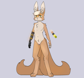 andromorph anthro big_ears black_nose fangs genitals green_eyes hair intersex solo tail teeth vulva white_hair unknown_artist nanka canid canine hare lagomorph leporid mammal rabbit absurd_res hi_res