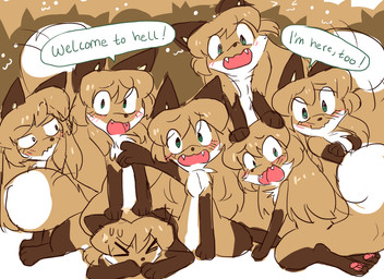 :3 >_< anthro blush clone cute_fangs dialogue eyes_closed fangs female female_anthro fur gloves_(marking) green_eyes group hair happy hell kneeling leg_markings looking_at_viewer markings on_top open_mouth pawpads paws pink_pawpads semi-anthro simple_background socks_(marking) speech_bubble square_crossover tan_body tan_fur tan_hair teeth text white_background conditional_dnp fiddleafox averi_(fiddleafox) canid canine fox mammal red_fox true_fox 2020 english_text