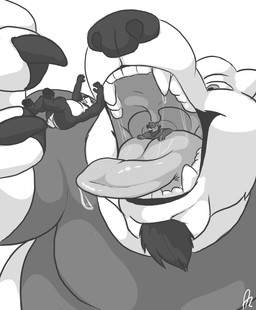 anthro bodily_fluids clothed clothing facial_hair fangs front_view goatee group in_mouth kerchief male male/male male_pred male_prey mouth_shot narrowed_eyes neckerchief neckwear nude open_mouth oral_vore overweight overweight_anthro overweight_male saliva saliva_on_tongue saliva_string shirt simple_background t-shirt teeth topwear trio uvula vore solaxe_(artist) bear mammal monochrome signature