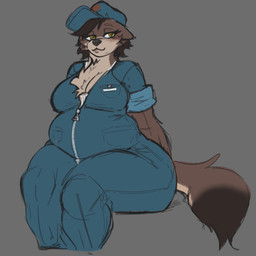 anthro belly big_belly big_breasts big_butt breasts butt cleavage clothed clothing female hat headgear headwear huge_hips huge_thighs jumpsuit mechanic overweight overweight_anthro overweight_female solo thick_thighs wide_hips kennedy_oz canid canine canis mammal wolf 1:1 hi_res